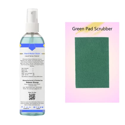 Hard Water Stain Cleaner Spray | Removes Calcium & Mineral Deposits | Quick Shine for Tiles, Floor, Wash Basin, Bath Tub, Swimming Pool | 100ml with Green Pad Scrubber