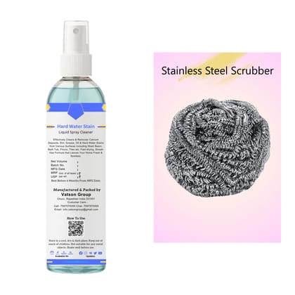 Hard Water Stain Cleaner Spray | Removes Calcium & Mineral Deposits | Quick Shine for Tiles, Floor, Wash Basin, Bath Tub, Swimming Pool | 100ml with Stainless Steel Scrubber