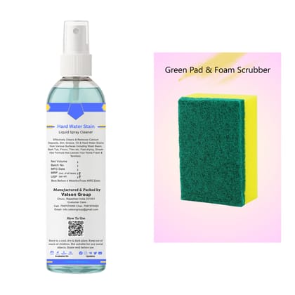 Hard Water Stain Cleaner Spray | Removes Calcium & Mineral Deposits | Quick Shine for Tiles, Floor, Wash Basin, Bath Tub, Swimming Pool | 100ml with Green Pad & Foam Scrubber
