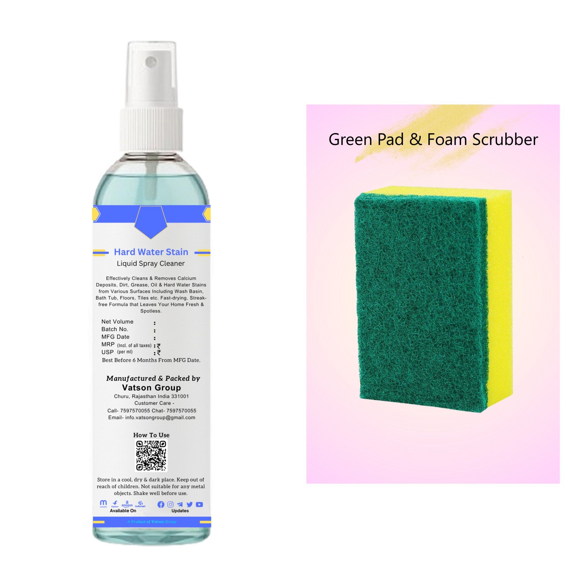 Hard Water Stain Cleaner Spray | Removes Calcium & Mineral Deposits | Quick Shine for Tiles, Floor, Wash Basin, Bath Tub, Swimming Pool | 100ml with Green Pad & Foam Scrubber