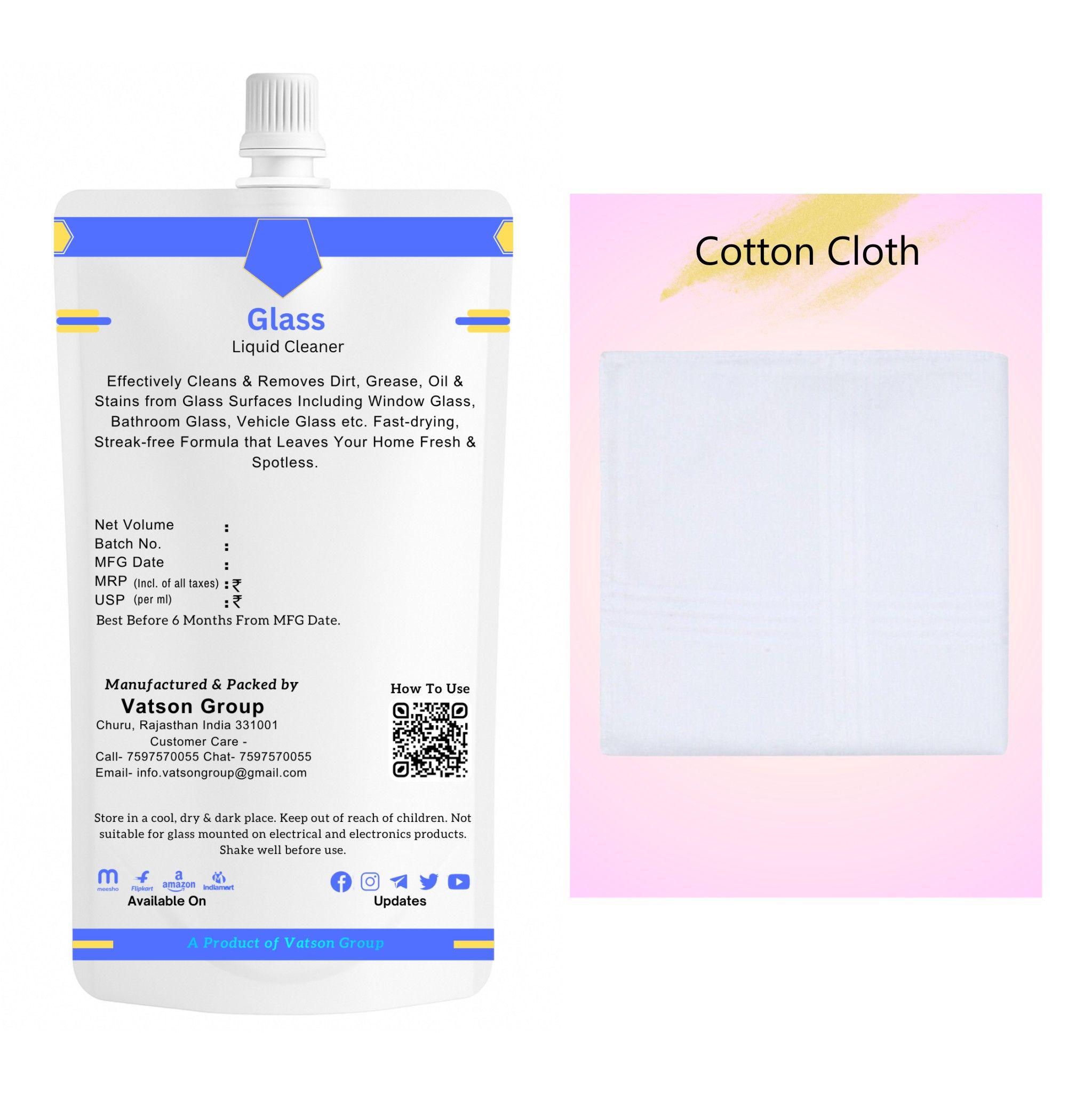 Glass Cleaner | Removes Fingerprints, Dust, Smudges & Watermarks | Quick Shine for Windows, Mirrors, Screens, Table Tops | 100ml Refill Pack with Cotton Cloth