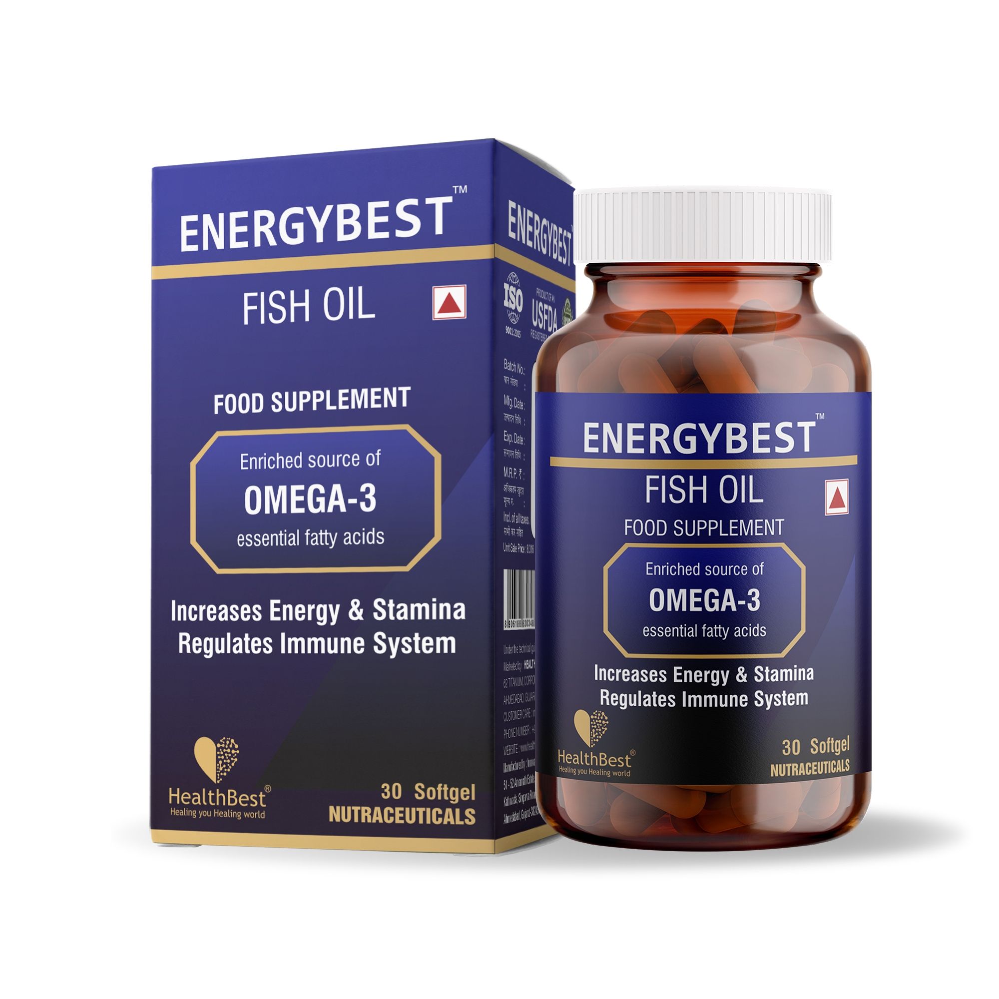 HealthBest EnergyBest Fish Oil - 30 Softgel Capsules - Enriched Source of Omega-3 EPA DHA | 1000mg | Increase Energy & Stamina