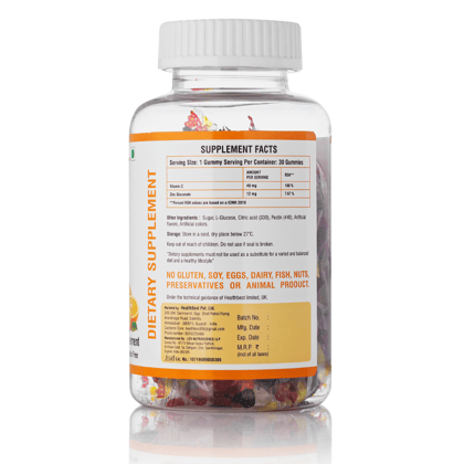 HealthBest VitCbest Vitamin C + Zinc Gummies | Immunity Booster | Antioxidants | Free of Gluten, Soy & Dairy | For Men & Women - 30 Gummies (Orange Flavor)