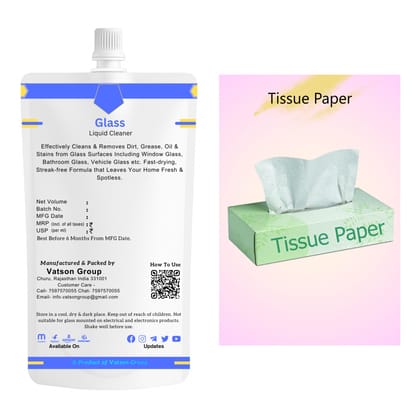 Glass Cleaner | Removes Fingerprints, Dust, Smudges & Watermarks | Quick Shine for Windows, Mirrors, Screens, Table Tops | 100ml Refill Pack with Tissue Paper 25N