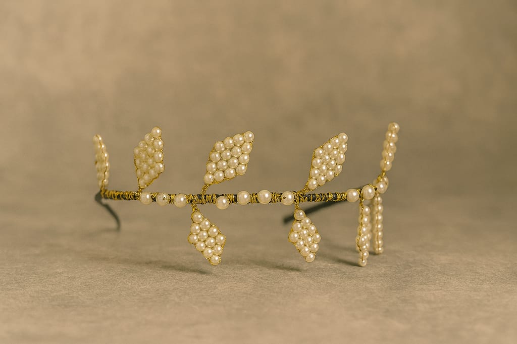 Elegant Pearl & Gold Leaf Bridal Hair Tiara Headband