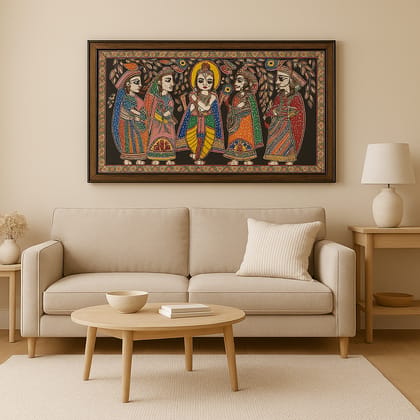Handcrafted Mithila Painting of Lord Krishna and Gopis in Wooden Frame Handcrafted Mithila Painting of Lord Krishna and Gopis in Wooden Frame