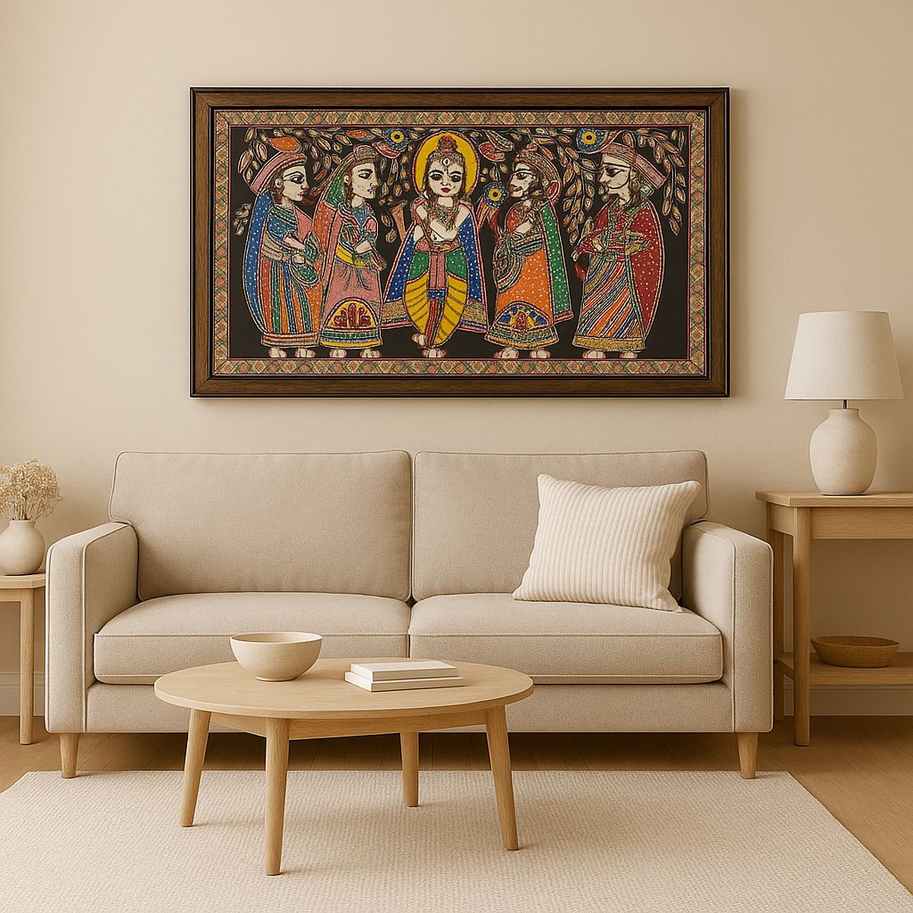 Handcrafted Mithila Painting of Lord Krishna and Gopis in Wooden Frame