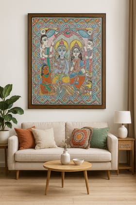 Vibrant Madhubani Painting of Lord Vishnu and Lakshmi on Sheshnag Vibrant Madhubani Painting of Lord Vishnu and Lakshmi on Sheshnag