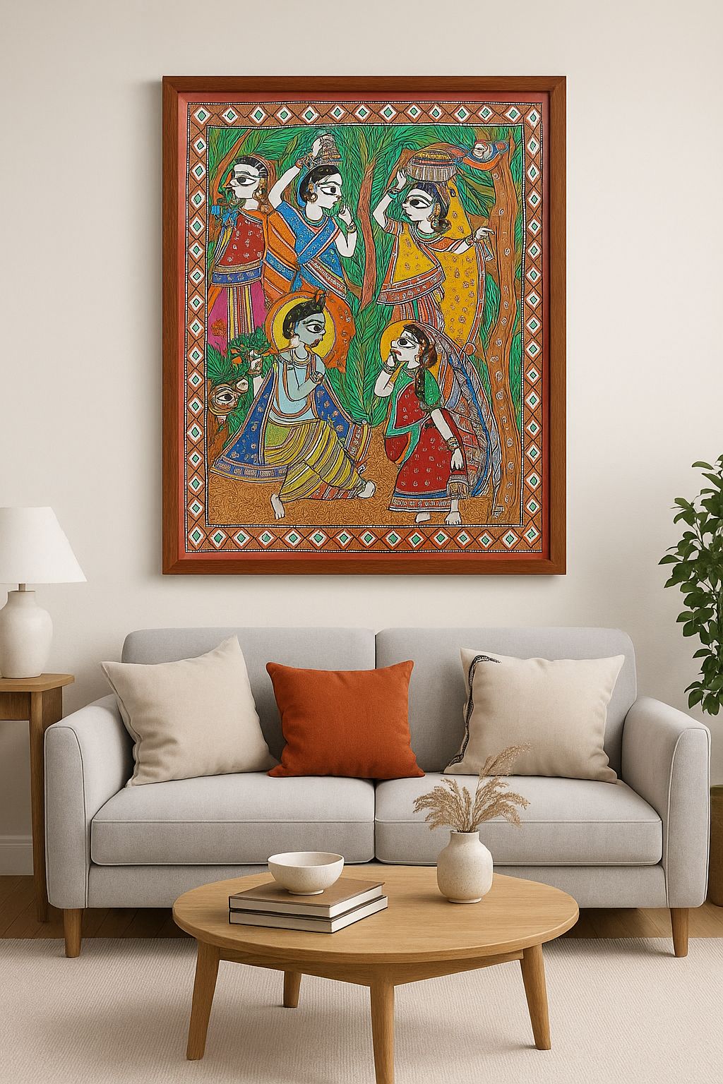Vibrant Radha Krishna Madhubani Folk Art Painting