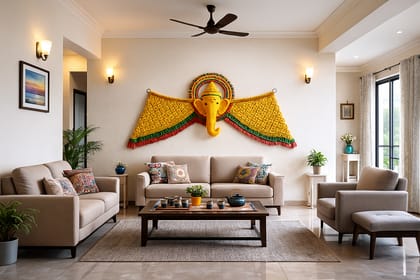 Handmade Ganesha Macrame Wall Hanging Toran, Yellow Ethnic Door Decor