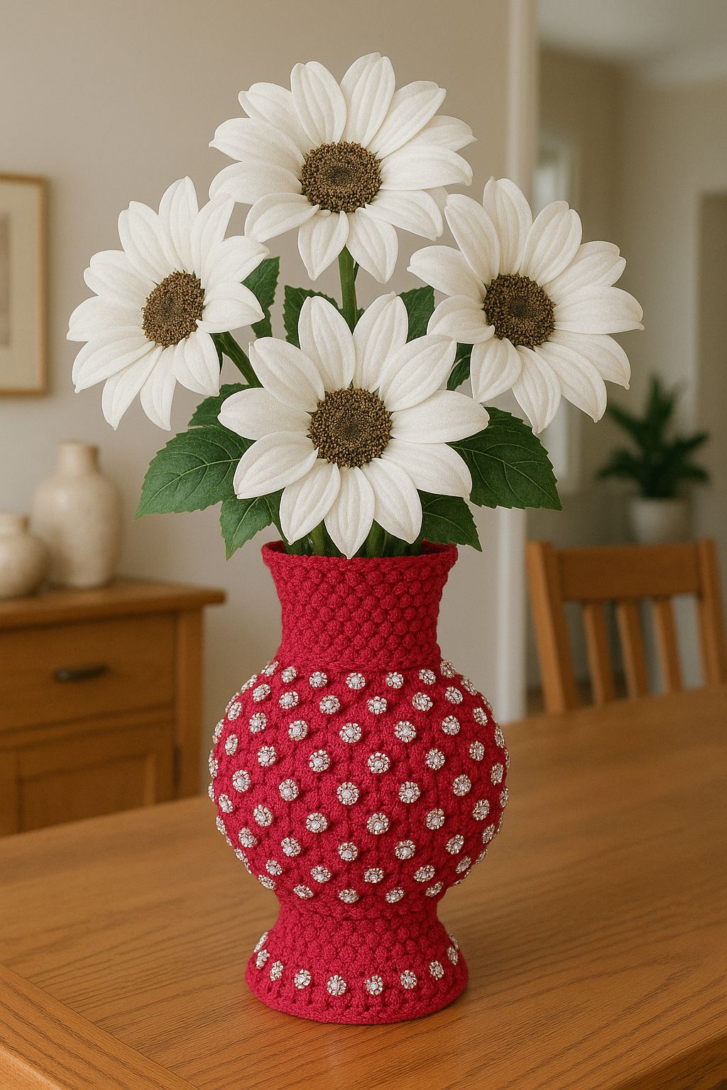 Decorative Red Beaded Flower Vase for Home Decor