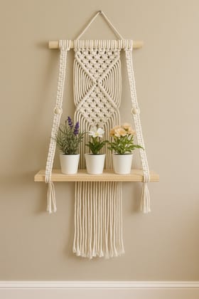 Boho Macrame Plant Hanger with Wooden Shelf for Wall Decor