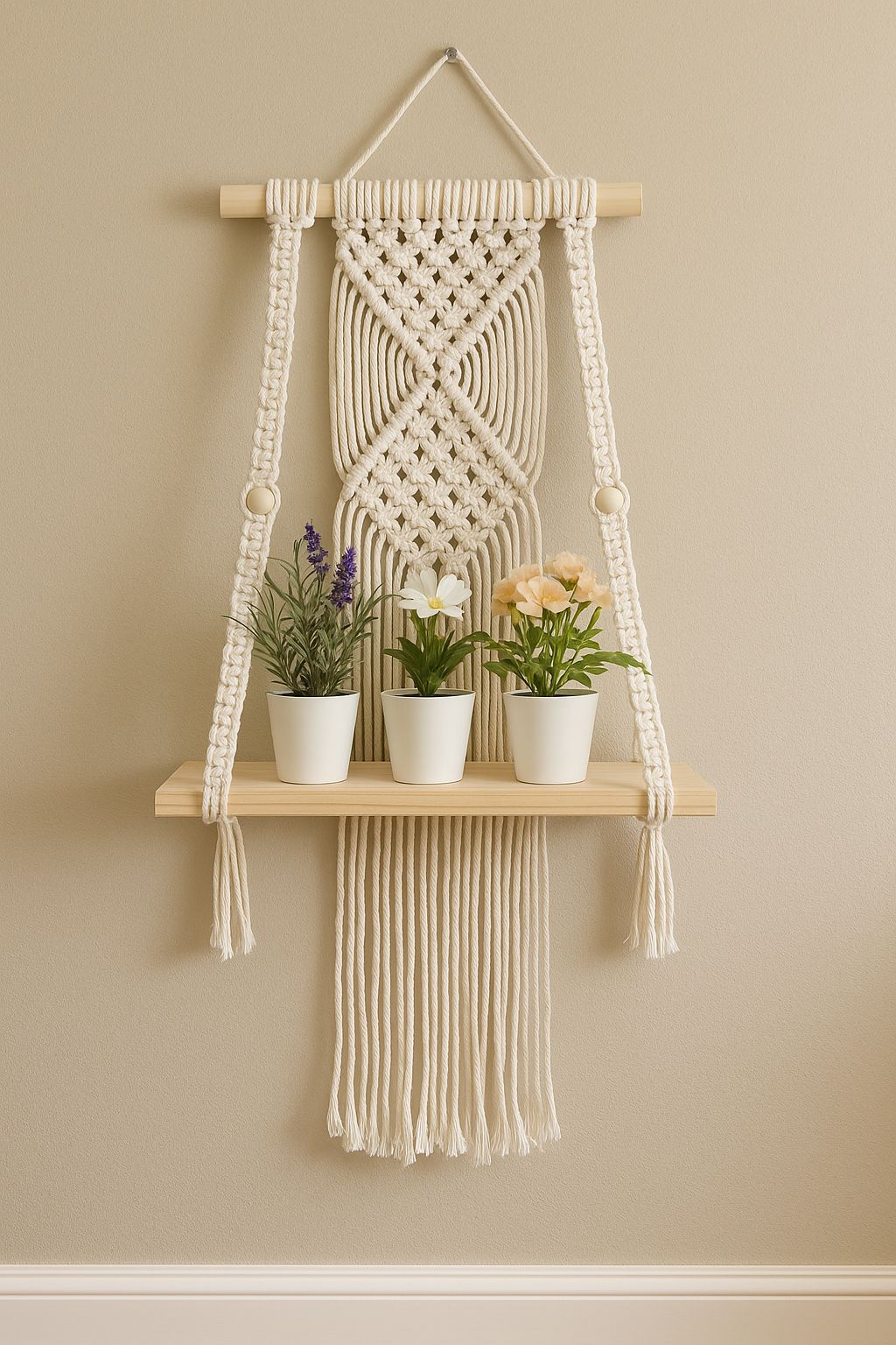 Boho Macrame Plant Hanger with Wooden Shelf for Wall Decor