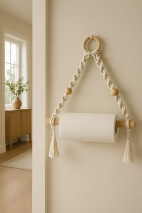 Macrame Hanging Toilet Paper Holder & Paper Towel Holder with Wooden Accents