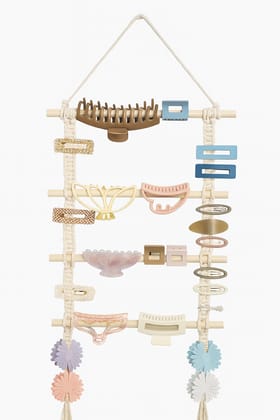 Macrame Wall Hanging Hair Clip Organizer with Wooden Dowels