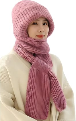  Windproof Scarf with Cap Integrated Ear Guard Hat Plus Velvet, Winter Warm Soft Knitted Beanie Hats Scarf- Woolen Lovely Muffler Fur Cap Stylish Headwear for Women & Girls (Pink-Color)