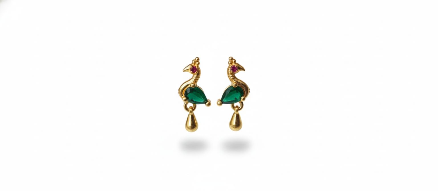 Gold Peacock Stud Earrings with Teardrop Emerald