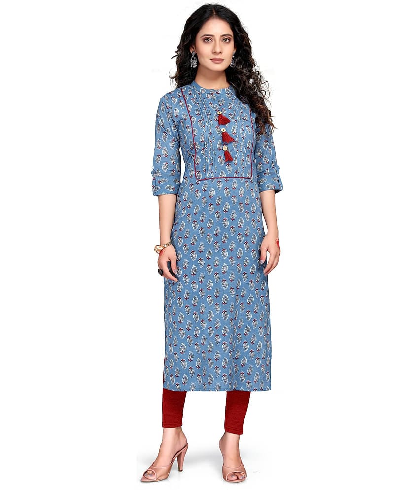 wonder weave Pack of 1 Cotton Printed Straight Women's Kurti - ( Blue )