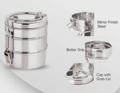 Mii Art brand Stainless Steel 3-Piece Set Floral Design Belly Shape Puri Dabba, Storage Containers for Puri, Snacks, Food, Durable Quality Tiffin Dabba for Daily Use.(size-17 cm)