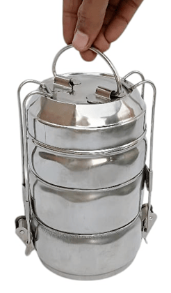 Mii Art brand Stainless Steel 3-Piece Set Floral Design Belly Shape Puri Dabba, Storage Containers for Puri, Snacks, Food, Durable Quality Tiffin Dabba for Daily Use.(size-17 cm)