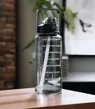 Motivational Water Bottle 2000 ML with Straw & Time Marker – Leakproof BPA-Free Sports Sipper (Black)