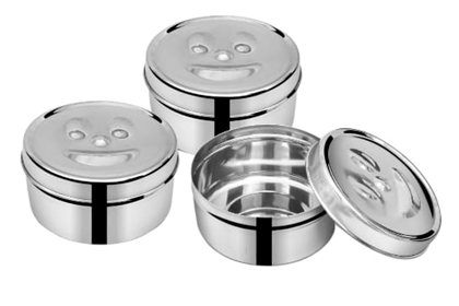 Mii Art brand Stainless Steel 3-Piece Set Floral Design Belly Shape Puri Dabba, Storage Containers for Puri, Snacks, Food, Durable Quality Tiffin Dabba for Daily Use.(size-17 cm)