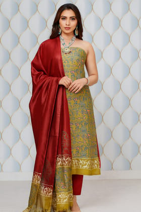 Elegant Olive Green Warli Art Print Unstitched Dress Material with Maroon Dupatta
