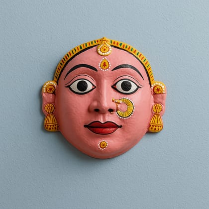 Handcrafted Pink Indian Deity Clay Mask for Wall Decor
