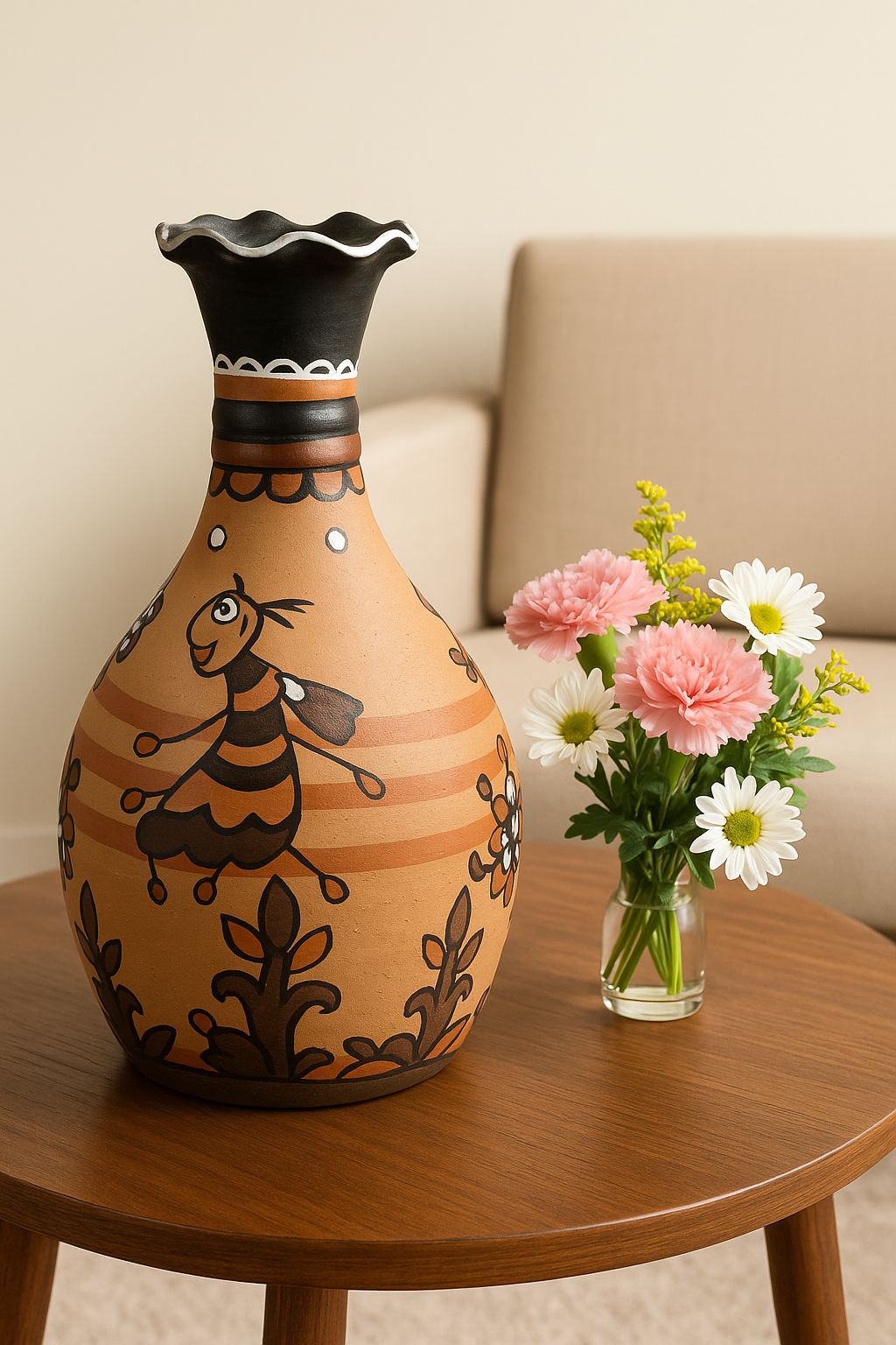 Hand-Painted Clay Vase with Folk Art Bird Design