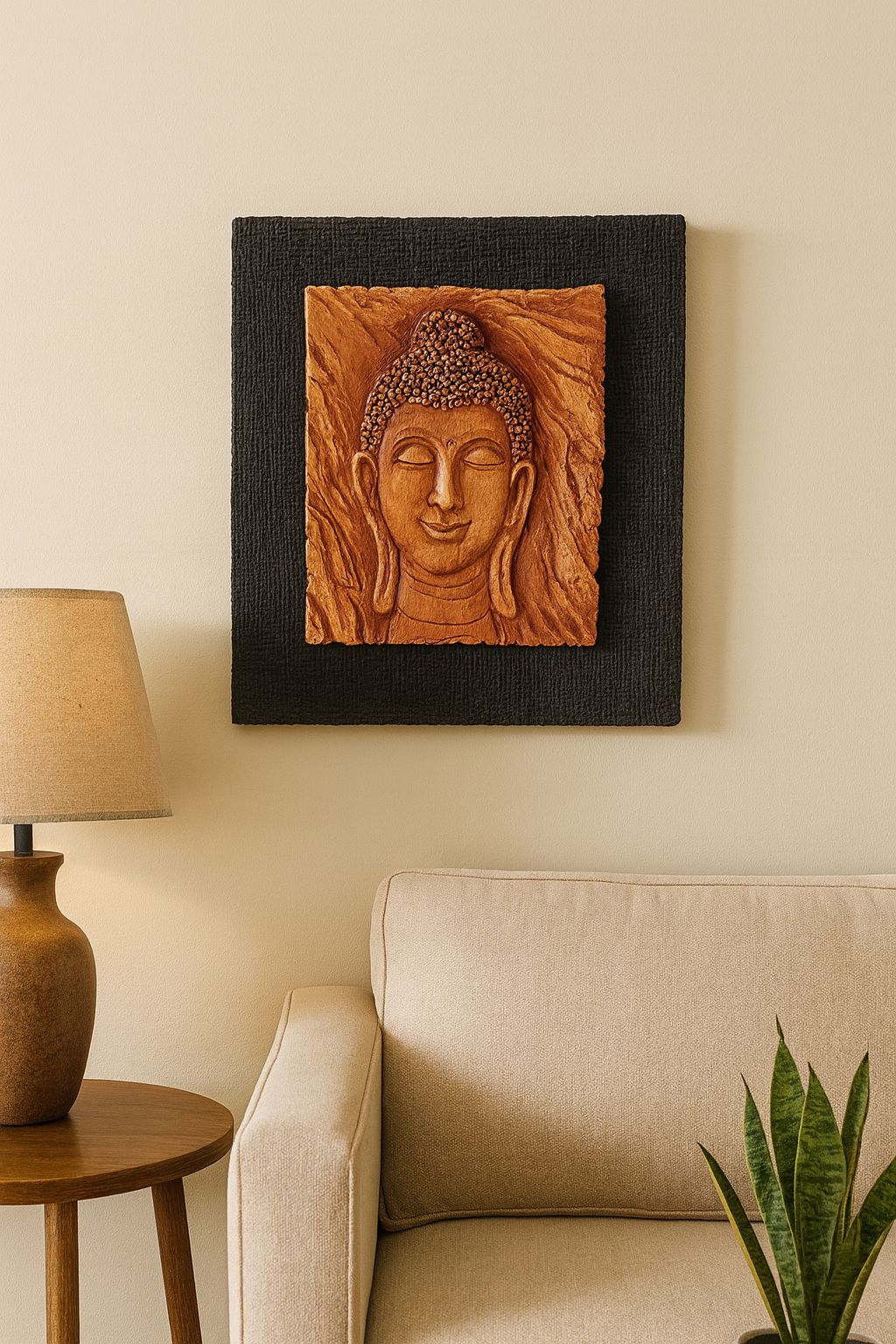 Terracotta Buddha Face Wall Art on Textured Base