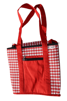 Red & White Checkered Multipurpose Tote Lunch Bag for Women | Lightweight Fabric Handbag with Front Zipper Pocket