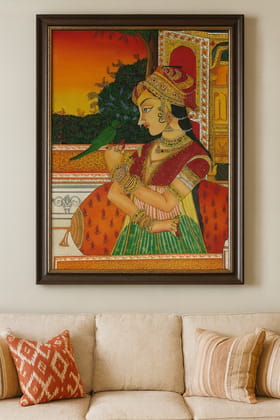 Mughal Queen with Parrot Hand-Painted Art