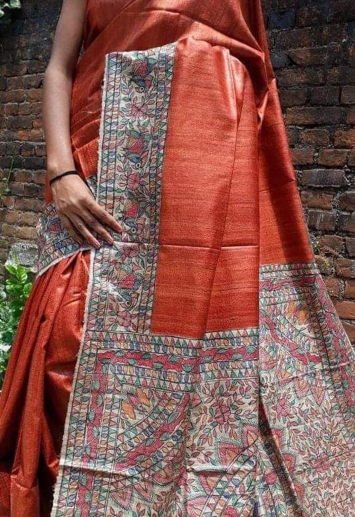 Dark Orange Tussar Silk Saree with Handpainted Madhubani Border