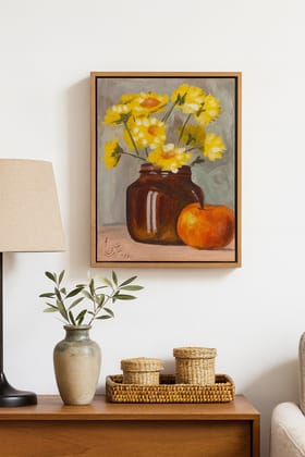 Oil Painting: Still Life with Yellow Flowers, Brown Jar, and Red Apple