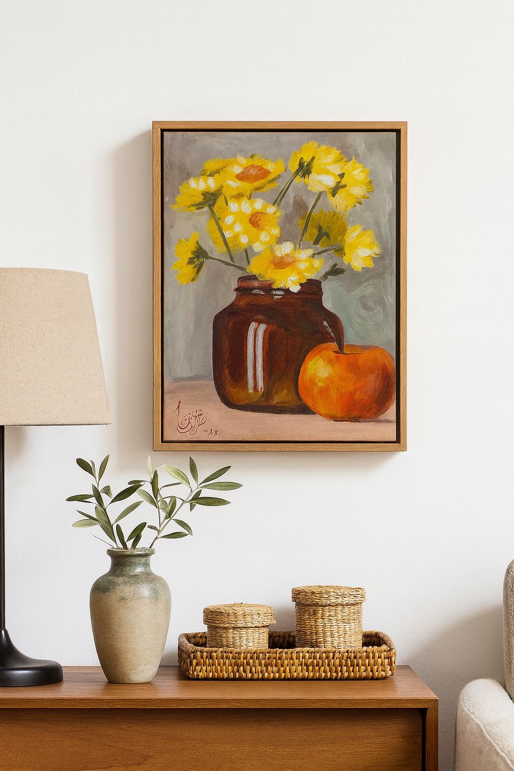 Oil Painting: Still Life with Yellow Flowers, Brown Jar, and Red Apple