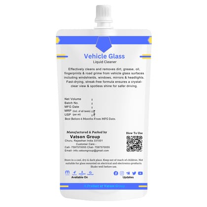 Vehicle Glass Cleaner | Removes Dust, Grease, Fingerprints & Stains | Quick Shine for Vehicle Windshield, Windows Mirrors & Headlight | 100ml Refill Pack