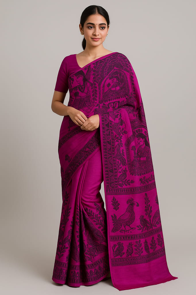 Magenta Silk Saree with Madhubani Print