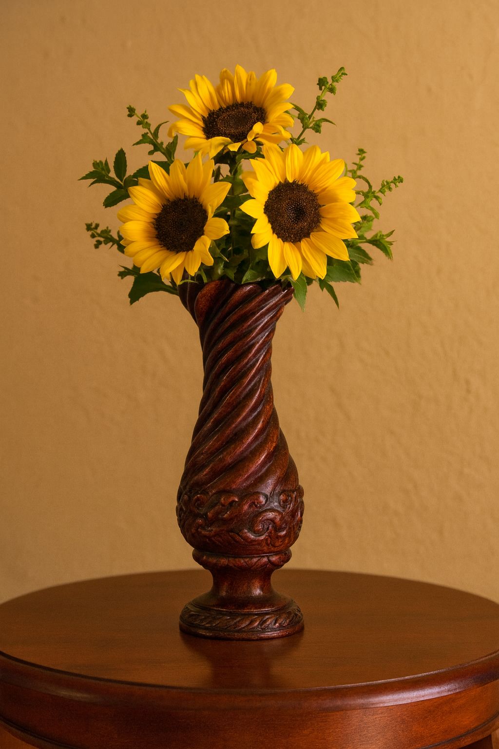 Hand-crafted Wooden Flower Vase with Ornate Floral Carvings