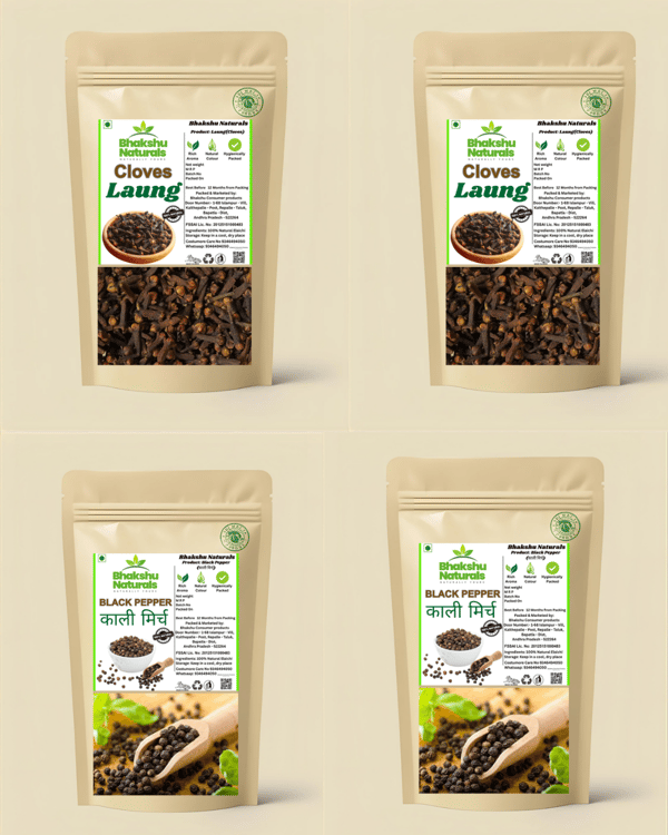 Premium Black Pepper (50g×2) + Cloves Laung (50g×2) | 200g Fresh Spices Combo | Strong Aroma | Handpicked Kali Mirch & Laung for Cooking & Masala