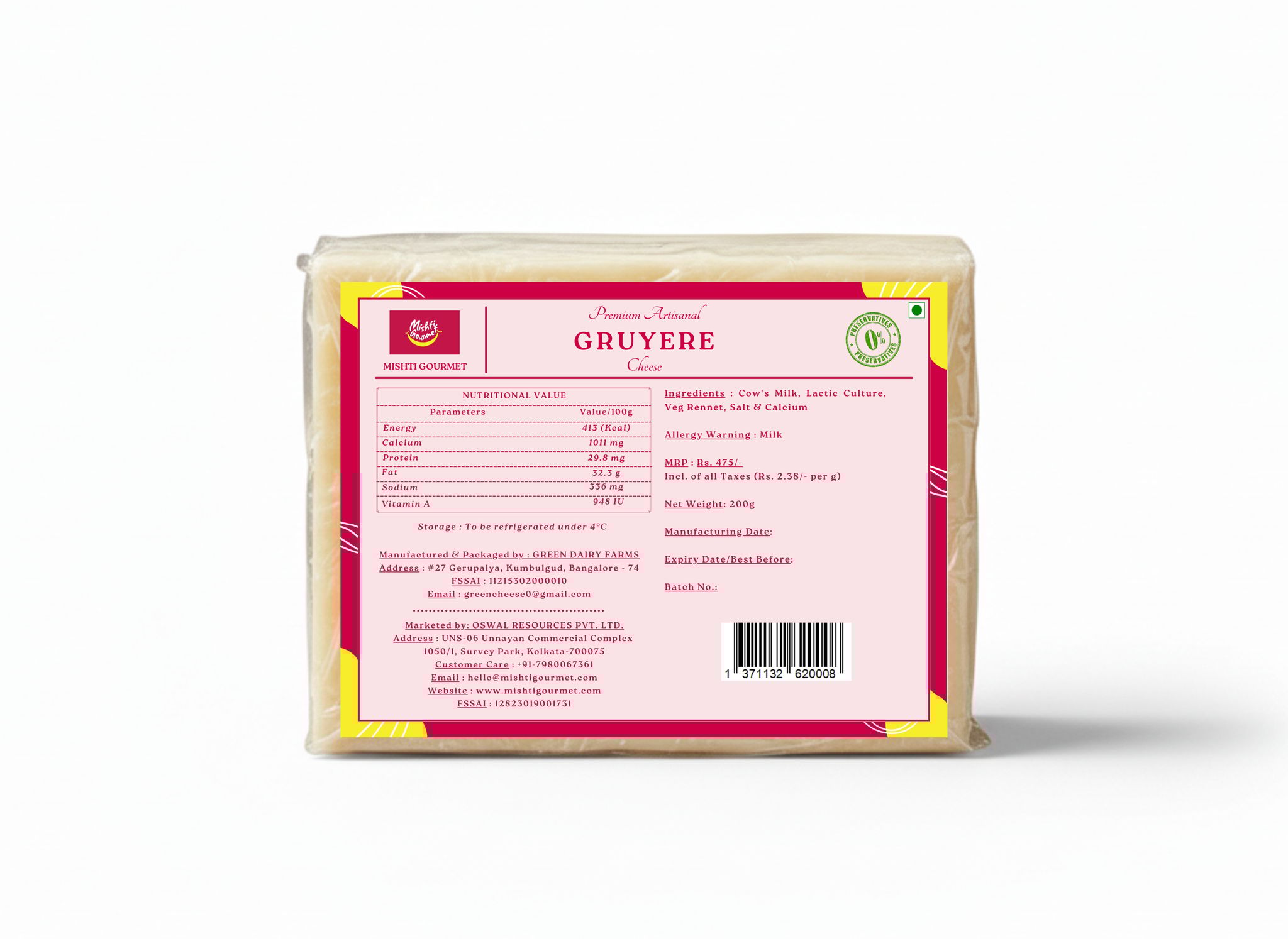 Mishti Gourmet Premium Artisanal Gruyere Cheese 200g - 0% Preservatives