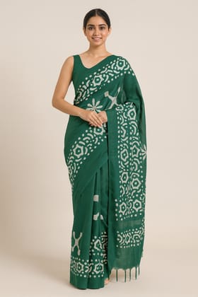 Forest Green Batik Print Cotton Saree with Matching Blouse Piece Forest Green Batik Print Cotton Saree with Matching Blouse Piece