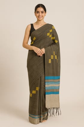 Dark Grey Cotton Saree with Yellow Geometric & Striped Pallu Dark Grey Cotton Saree with Yellow Geometric & Striped Pallu