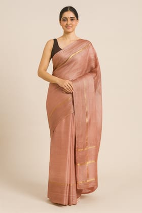 Elegant Peach Silk Saree with Gold Strip Detailing Elegant Peach Silk Saree with Gold Strip Detailing