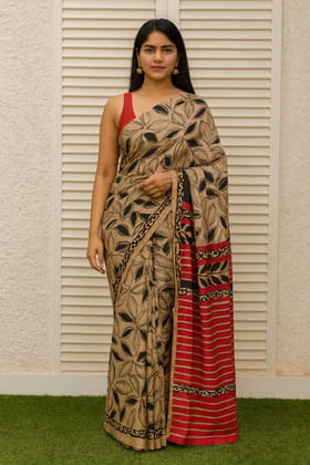 Aniket Texlite Jute Silk Saree with Leaf Print and Striped Border