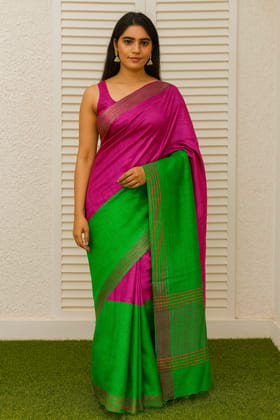 Vibrant Pink & Green Dual Tone Saree with Golden Stripes