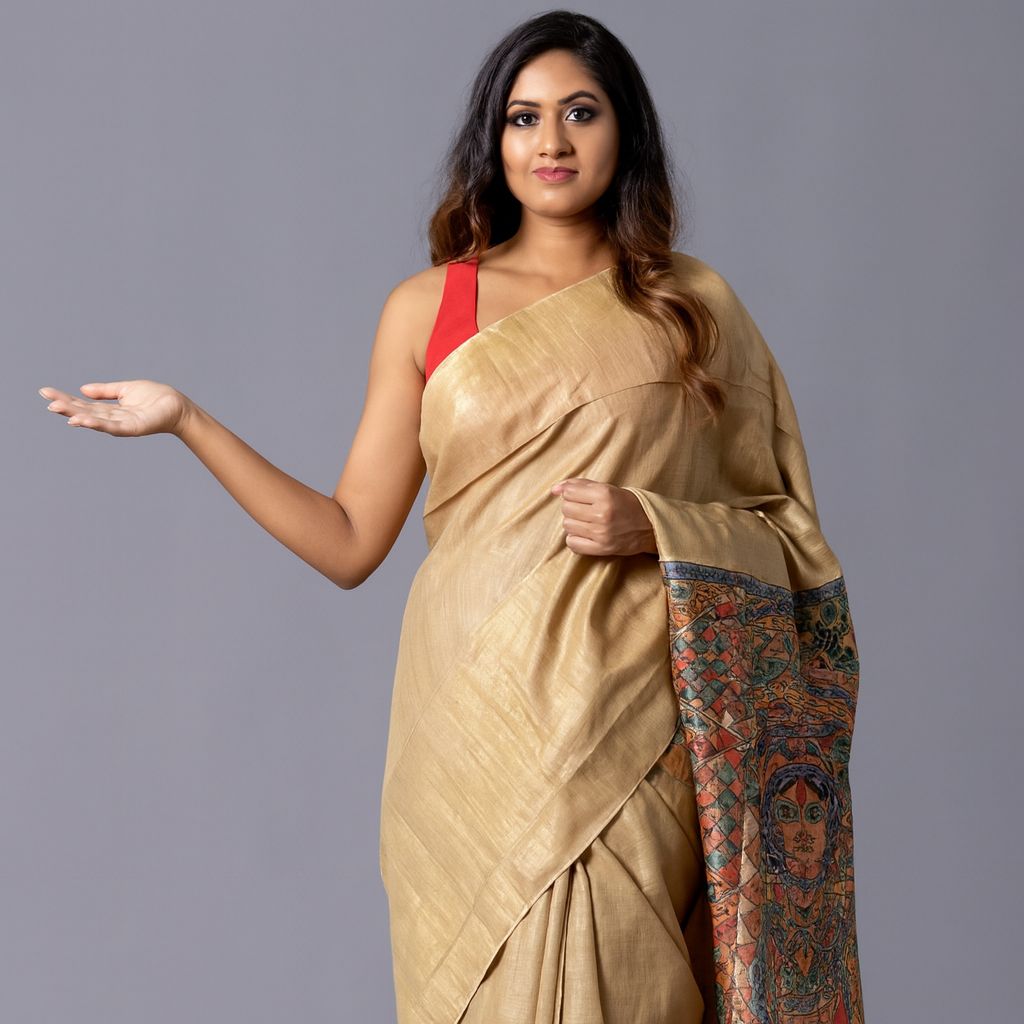 Golden Tussar Silk Saree with Madhubani Hand-Painted Art