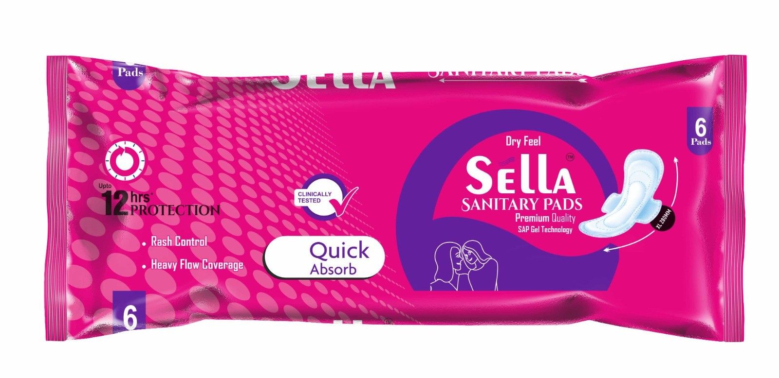 Sella Dry Feel XL Sanitary Pads with SAP Gel Technology, 12 Hr Protection, 6 Count