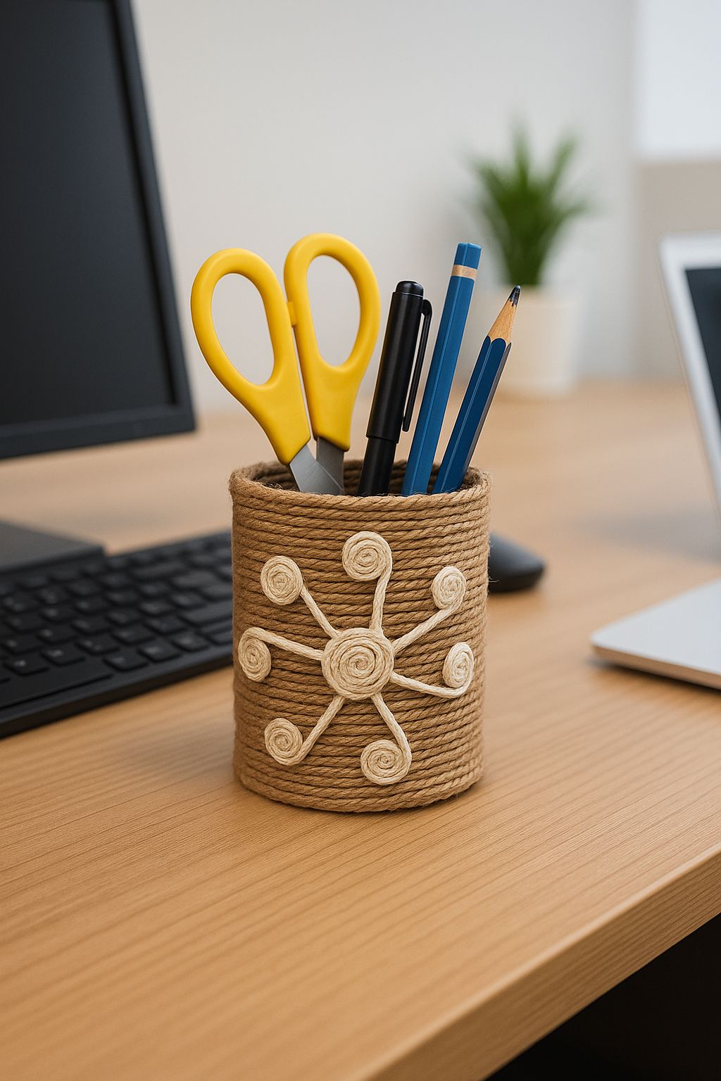 Handcrafted Jute Rope Pen Holder with Decorative Spiral Design