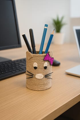 Handmade Cat-Themed Jute Pen Holder with Purple Bow