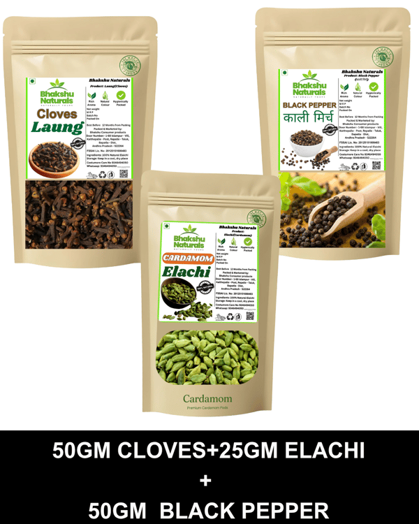 Elachi Cardamom Premium Triple Spices Combo | 50gm Cloves + 25gm Elachi (Cardamom) + 50gm Black Pepper | Strong Aroma | Daily Cooking Masala Pack | BHAKSHU